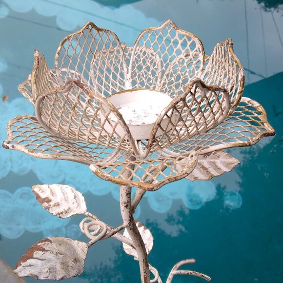 Set of 3 Weathered Rustic Cottage Shabby Chic Metal Flower Votive Candle Holders - Picture 5 of 12